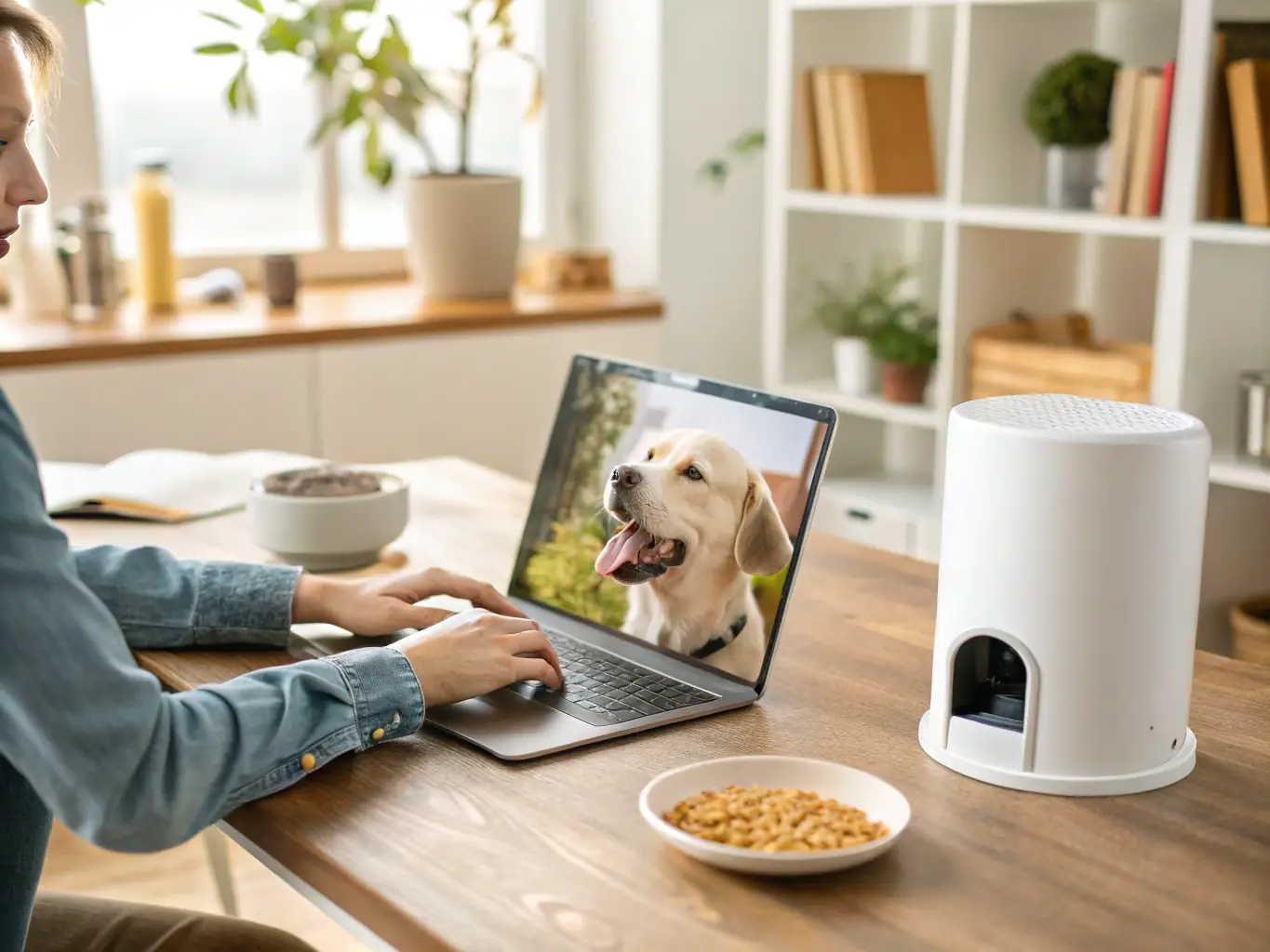 A person using the Memory Foam Pet Bed as a comfortable cushion while working from home, with a pet sleeping peacefully nearby. The scene should highlight the bed's versatility and comfort.