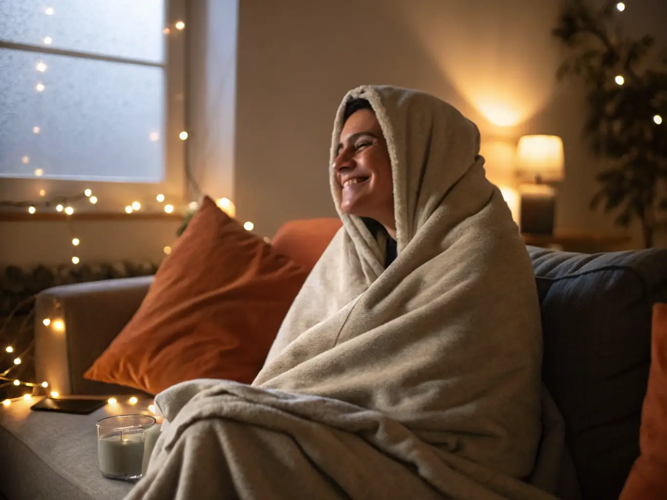 A person relaxing in a cozy room, surrounded by soft lighting and comfortable items from the 'Comfort' collection, such as a plush blanket and a calming diffuser. The scene should evoke feelings of peace and tranquility.